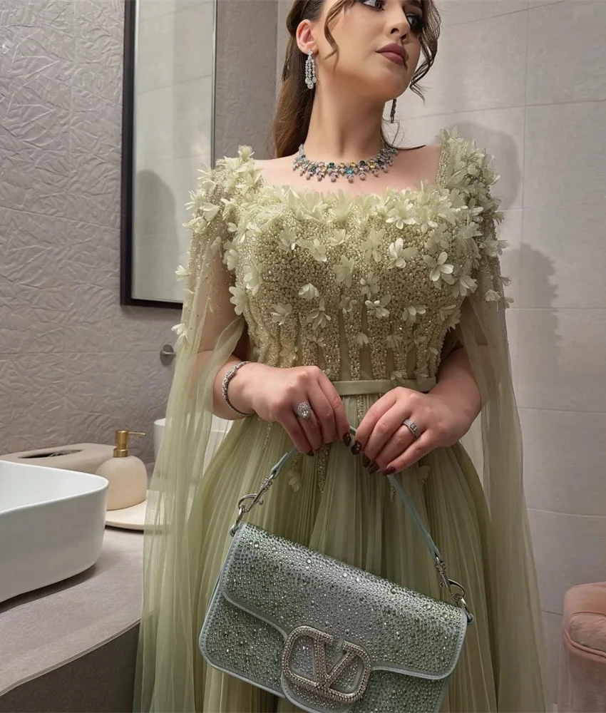 

Customized Temperament Tulle A-Line Beading 3D Flowers Evening Dress Delicate Square Neck Long Sleeves Floor Length Prom Gowns