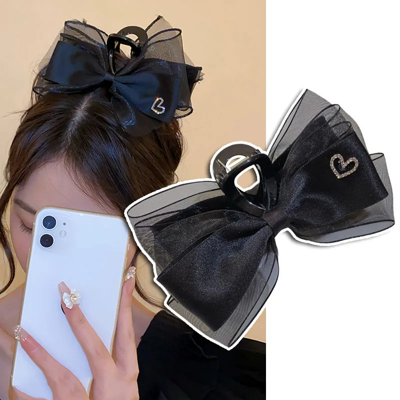 

Korean Fashion Black Double-sided Bowknot Hair Claw Women Girls Large Shark Clip Rhinestone Heart Decoreted Hair Clip