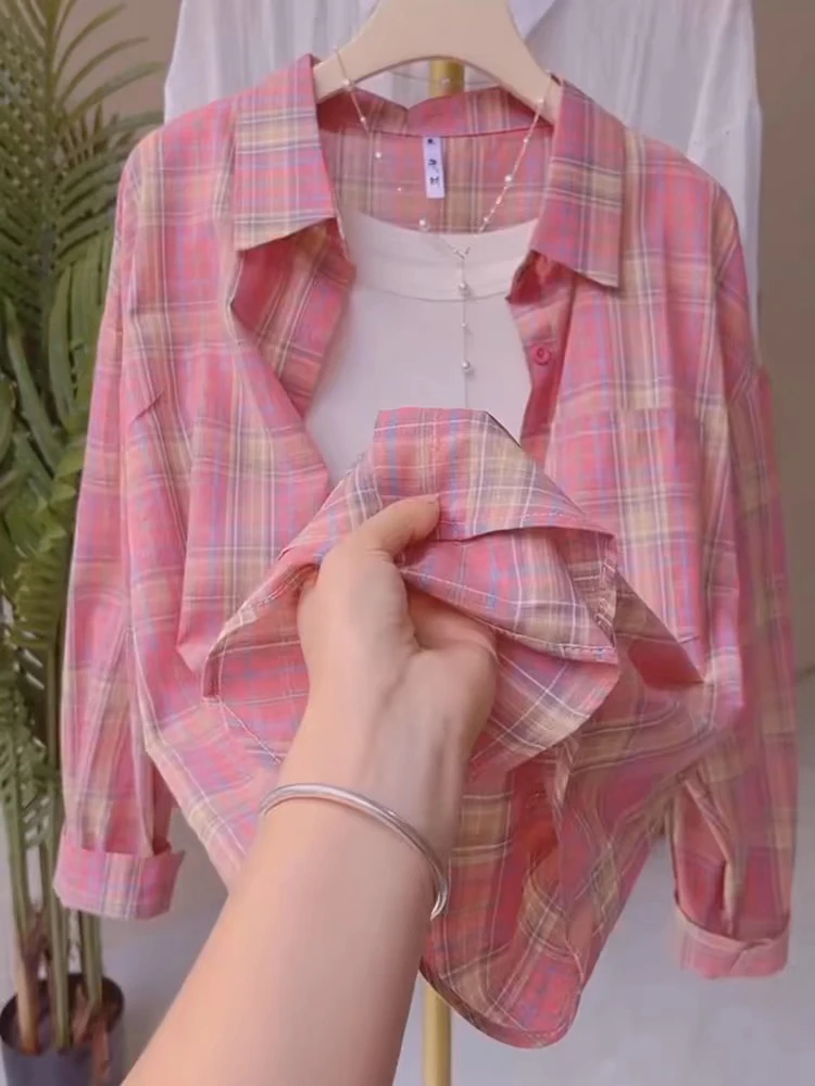 

Loose Women's irt Pink Plaid Summer 2025 New Design Sun Protection Top Guangzhou Thirteenth Fac Polyester Fiber