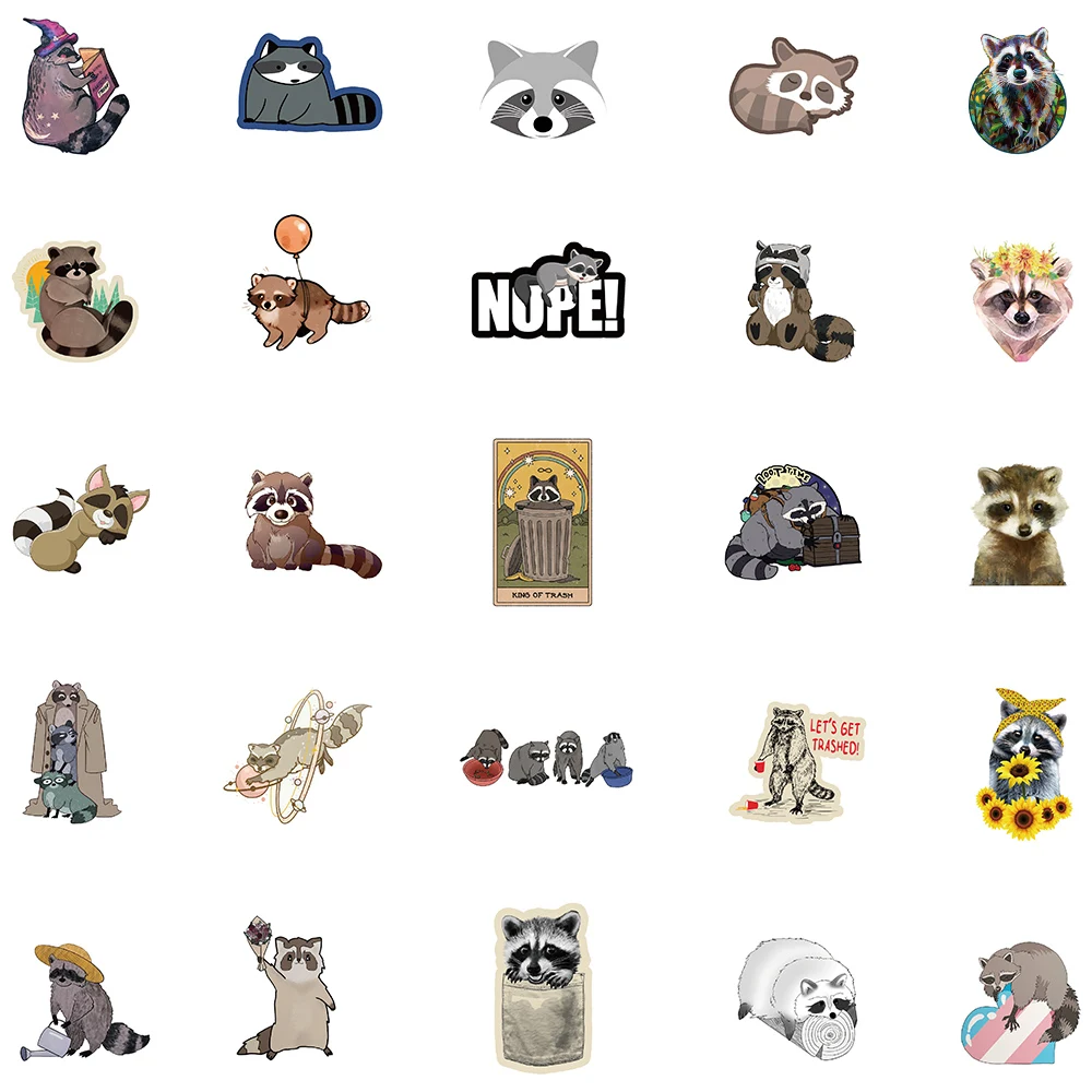 50/100pcs Cartoon Animal Raccoon Cute Stickers Laptop Guitar Luggage Phone Stationery Scrapbook Decals Kid Gifts Toys