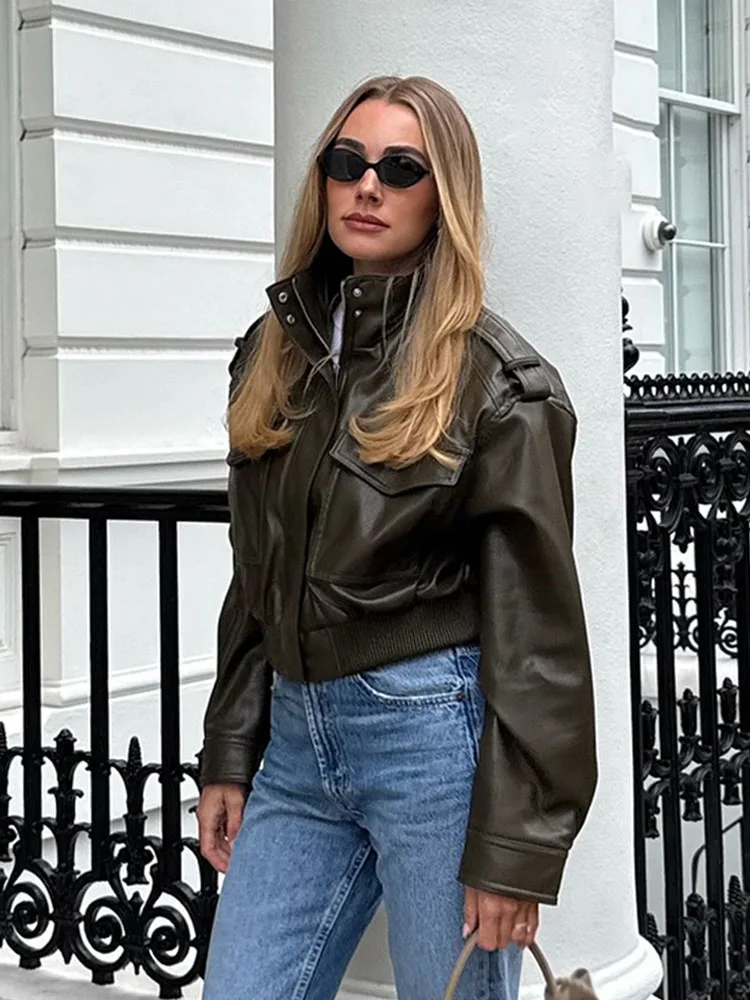 HH 2025 Cappotti moda autunno donna Solido collo alto maniche lunghe Tasche Decorazione Cerniera Giacca stile Streetweer femminile