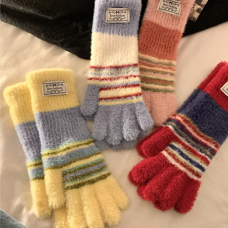 Striped Knit Gloves Women Winter Cold Protection Warm Colorful Plush Gloves Five-Fingered Touch Screen Outdoor Gloves Fashion
