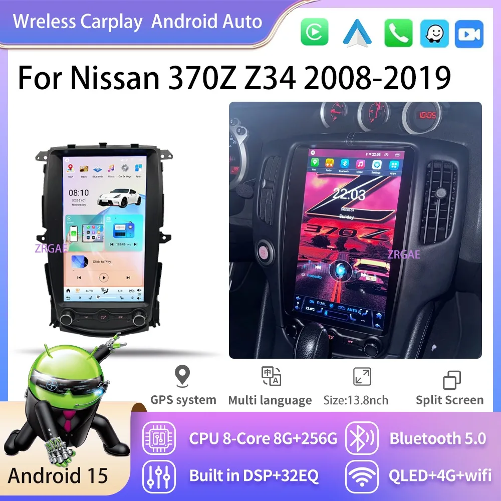 13.8“ Android15  Wireless Carplay For Nissan 370z Z34 2008-2019 Car Radio Multimedia  Player GPS Navigation Bluetoot Stereo WIF