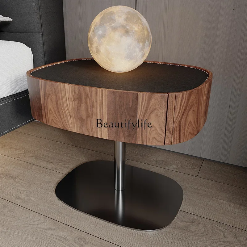 

Italian minimalist solid wood bedside table modern simple stainless steel base leather storage side cabinet