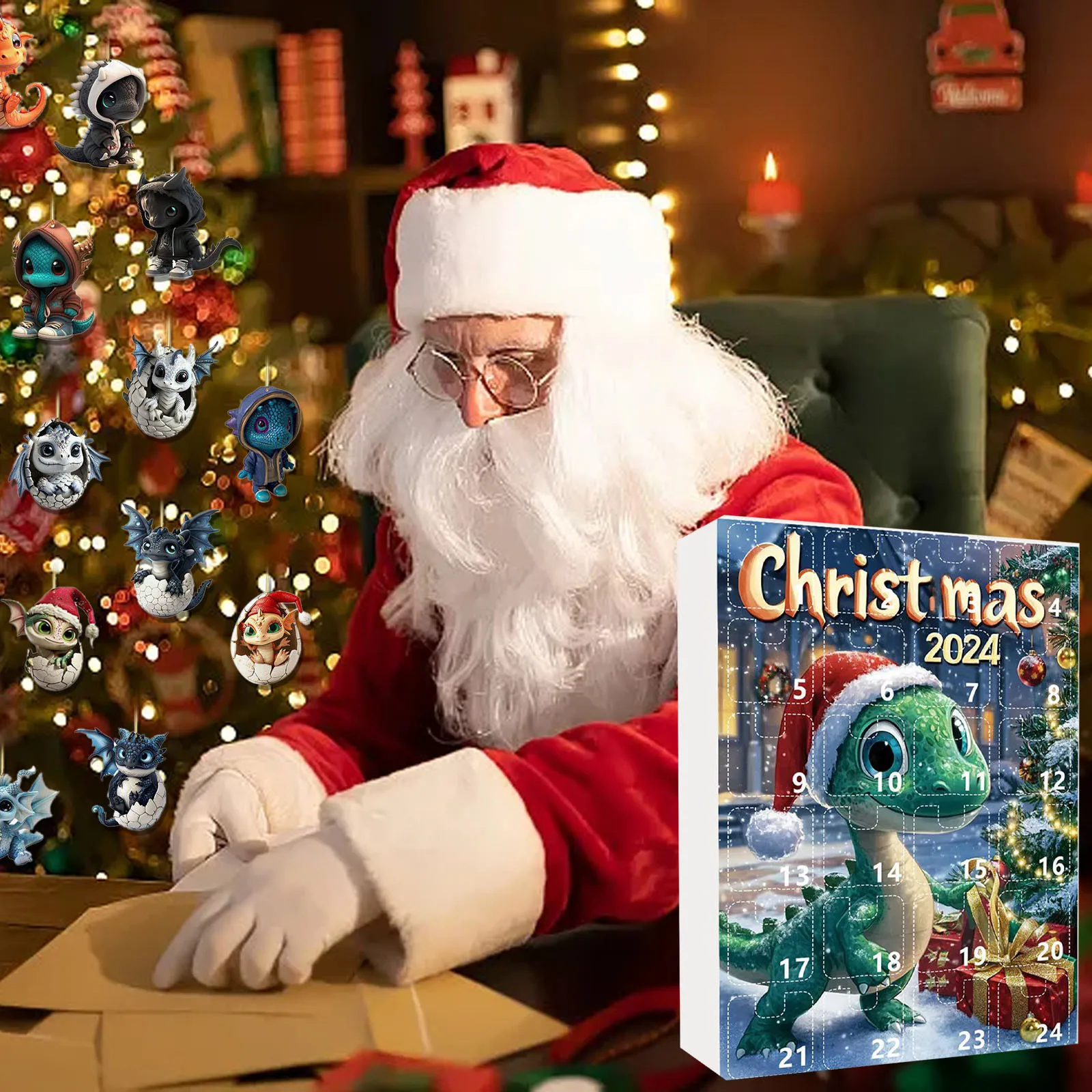 Set per bambini in vetro Albero di Natale Ciondolo drago Calendario dell'Avvento 2024 Conto alla rovescia di Natale di 24 giorni Orologio digitale per bambini con timer