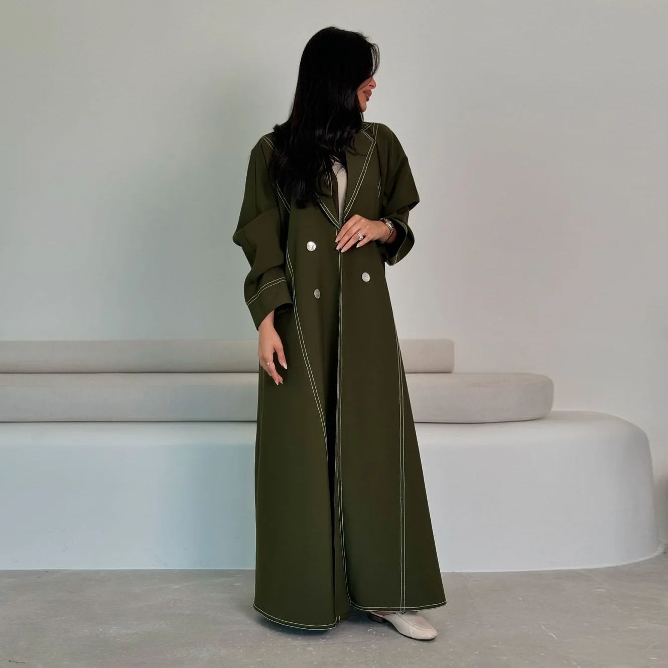 MQ150 Muslim trench coat double breasted fashionable long button commuting Abaya