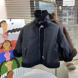 Autumn and Winter Children's Boys Treasure Thickened Motorcycle With Fleece Boys Leather Jacket Lamb Fleece Fur one-Piece Fleece