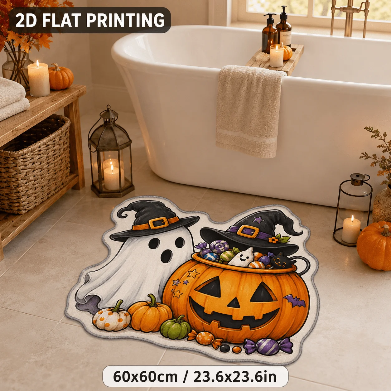 VIKAMA Witch Ghost Pumpkin Shaped Bath Mat,Non‑Slip Floor Rug,Candy Bat Halloween Irregular Carpet Bathroom Holiday Home Decor
