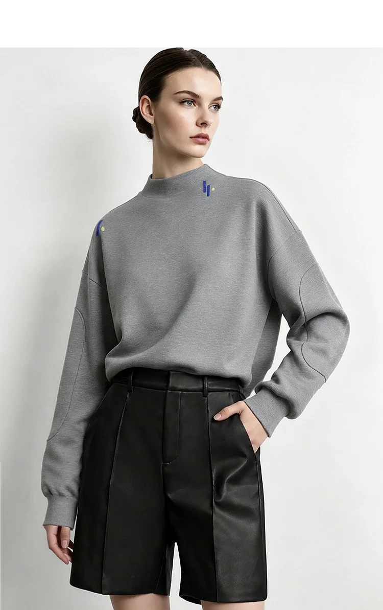 Amii Women's Oversized Pullover Hoodie Embroidered Drop Shoulder Casual Business Mock Neck Top Autumn Hoodies for Women 12623123