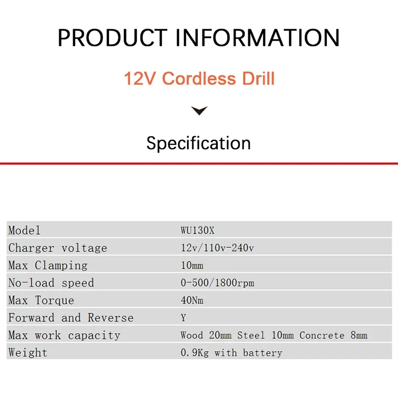 Worx WU130X Wireless Electric Drill Brushless 1800rpm 40Nm Bare Tool or With One Battery and 1 Charger Univeral 12v Platform