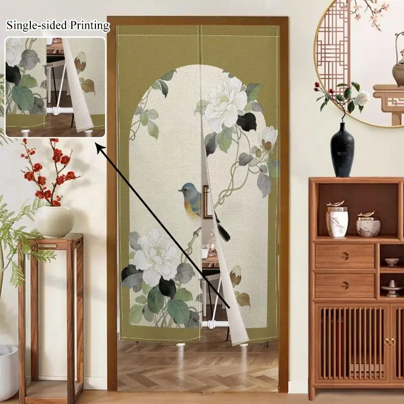 Oriental Noren Half Door Curtain Ink Floral Bird Plum Lotus Print Light Partition Hanging Bedroom Kitchen Entryway Decor