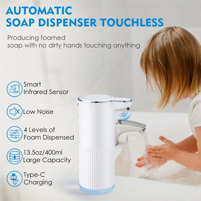【Vendita flash!】 Dispenser automatico di sapone schiumogeno, dispenser elettrico regolabile di sapone per le mani in schiuma, touchless per bagno, cucina, 13,5O