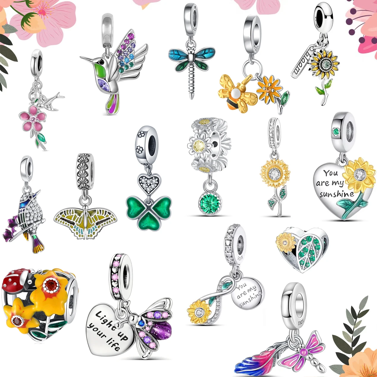 

New 925 Silver Sparking Flower Spring Charms Pendants Fit Original Bracelet Necklace Trinket DIY Beads For Women Jewelry Gift