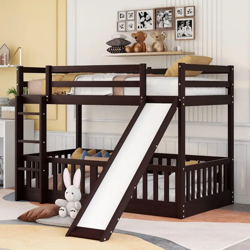 Floor Bunk Bed with Slide, Twin Over Twin Bunk Bed for Kids Toddlers, Wood Low Beds Frame with Ladder for Boys Girls Teens,