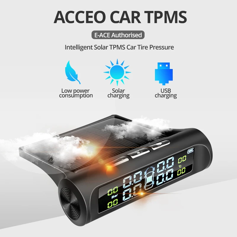 E-ACE 4 sensore TPMS sistema di monitoraggio della pressione dei pneumatici dell\'auto a energia solare sistema di allarme della pressione dei