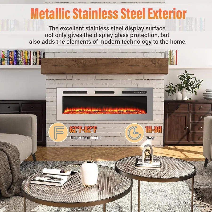 Camino elettrico in acciaio inossidabile Luoghi antincendio da 50 pollici Inserti per caminetto elettrico Camino elettrico da incasso e a parete