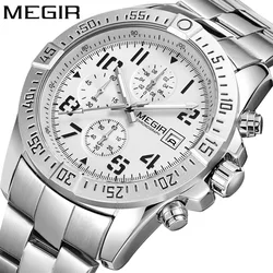 MEGIR 2030 Men's Quartz Watches Luxury Casual Business Date Chronograph Multi functional Silvery Stainless Steel Wristwatch