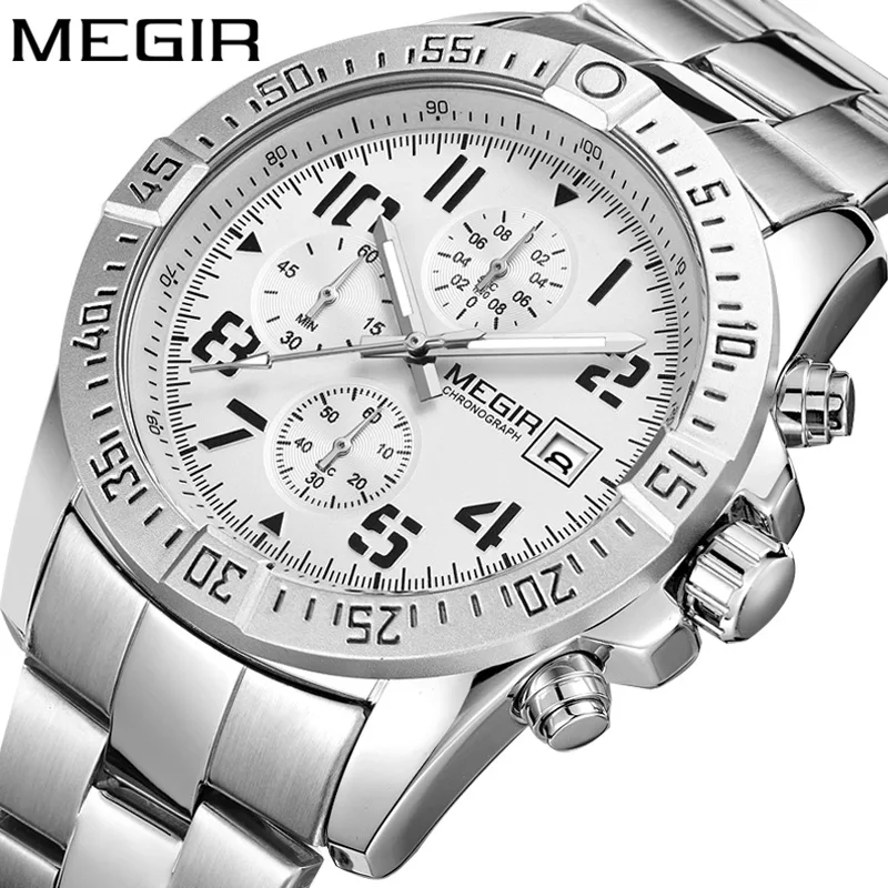 MEGIR 2030 Men's Quartz Watches Luxury Casual Business Date Chronograph Multi functional Silvery Stainless Steel Wristwatch