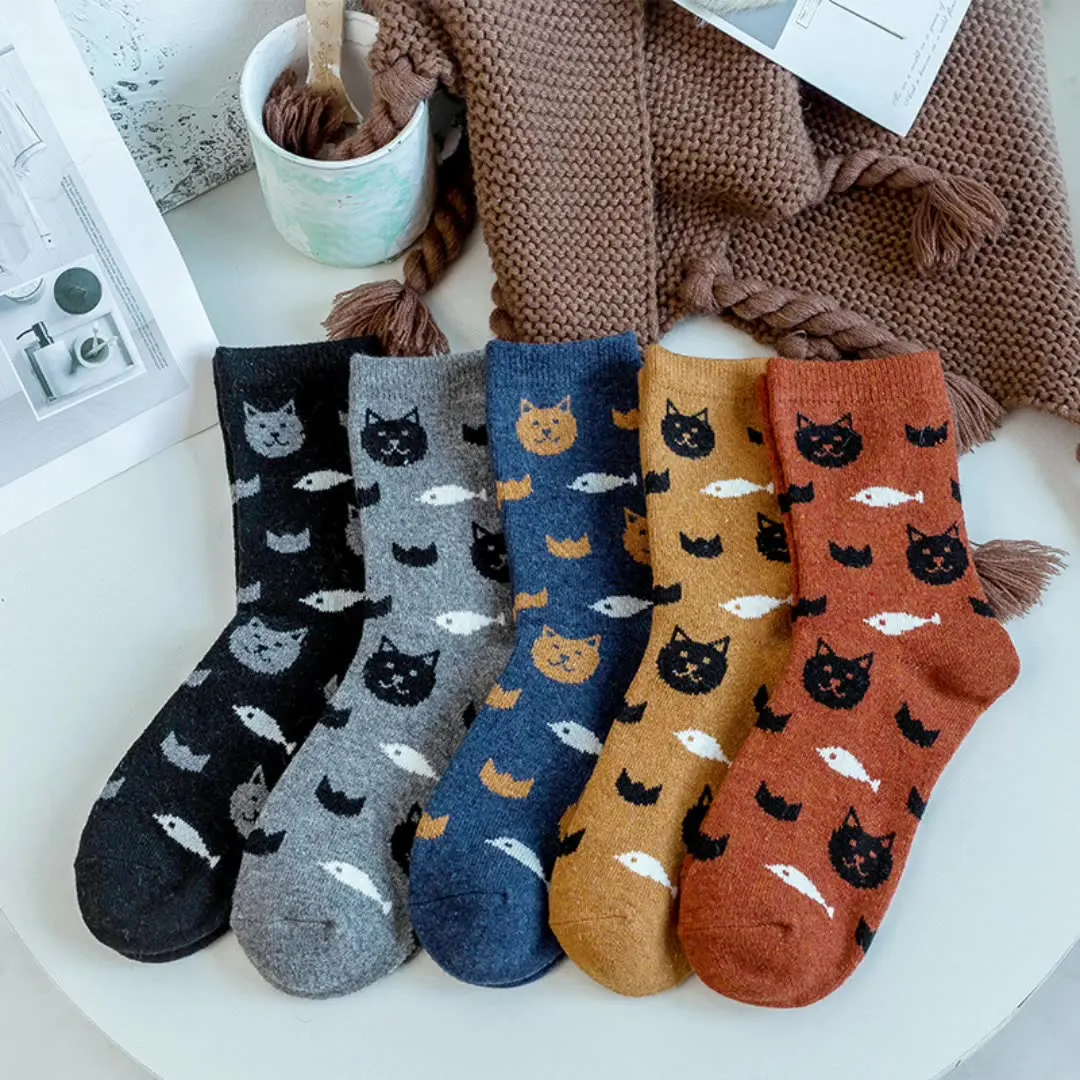 Qisin Winter Thick Warm Wool Women Socks Colorful Cat Socks Fashion Casual Euramerican National Wind-Flowers Cotton Socks