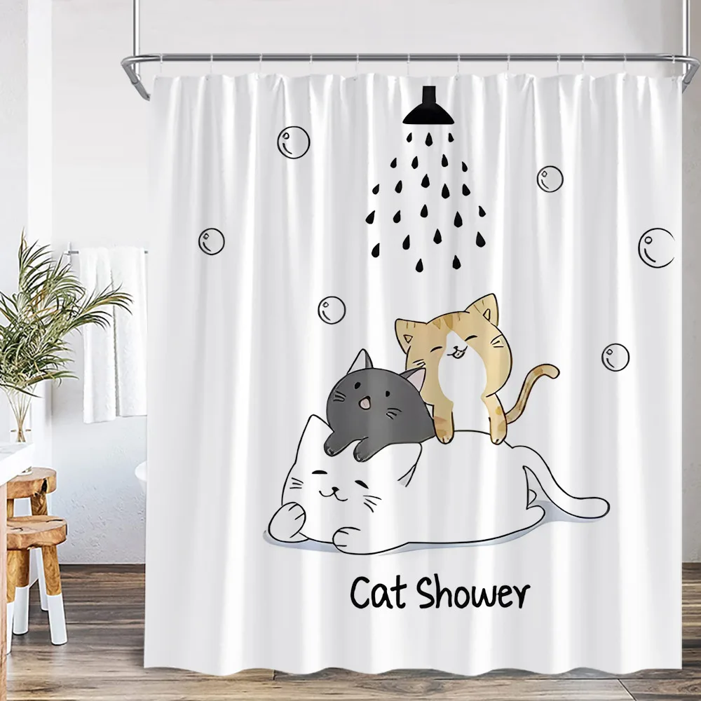 Funny Animal Cartoon Shower Curtain Ocean Life Dog Bathing Cat Kid Bathroom Decor Children Polyester Bath Curtain with Hooks