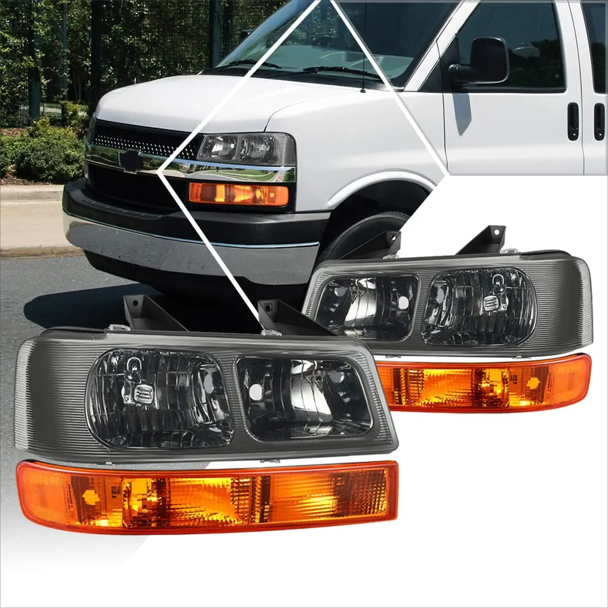 

Узел фары + бамперные лампы, совместимые с Chevy Express/GMC Savana 03-24, хромированный корпус/дымчатые линзы