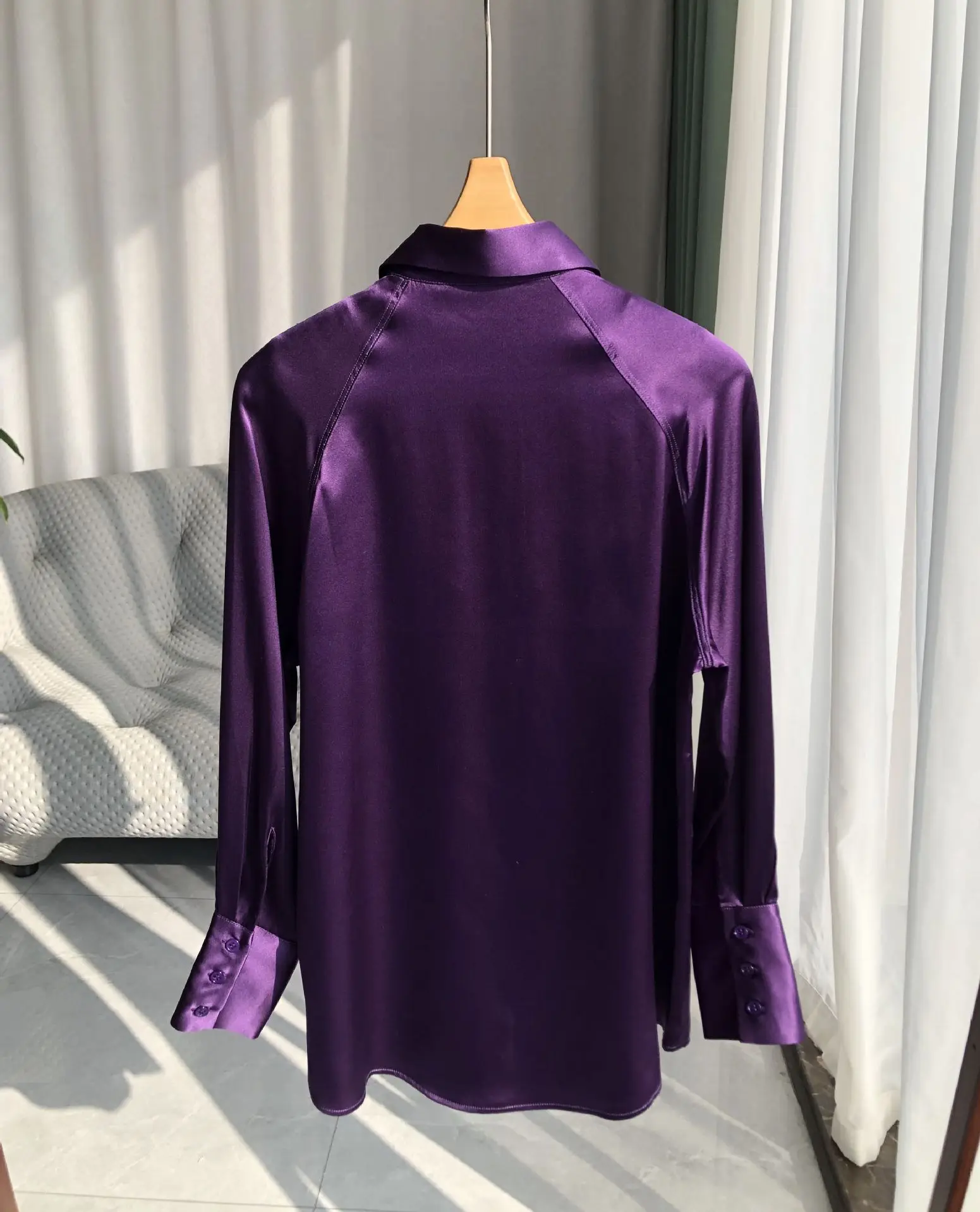 100% Heavy Silk Shirts And Blouses Noble Purple Women's Long Sleeve Lapel Casual Shirt Slim Fit Ladies Single-breasted Cardigan