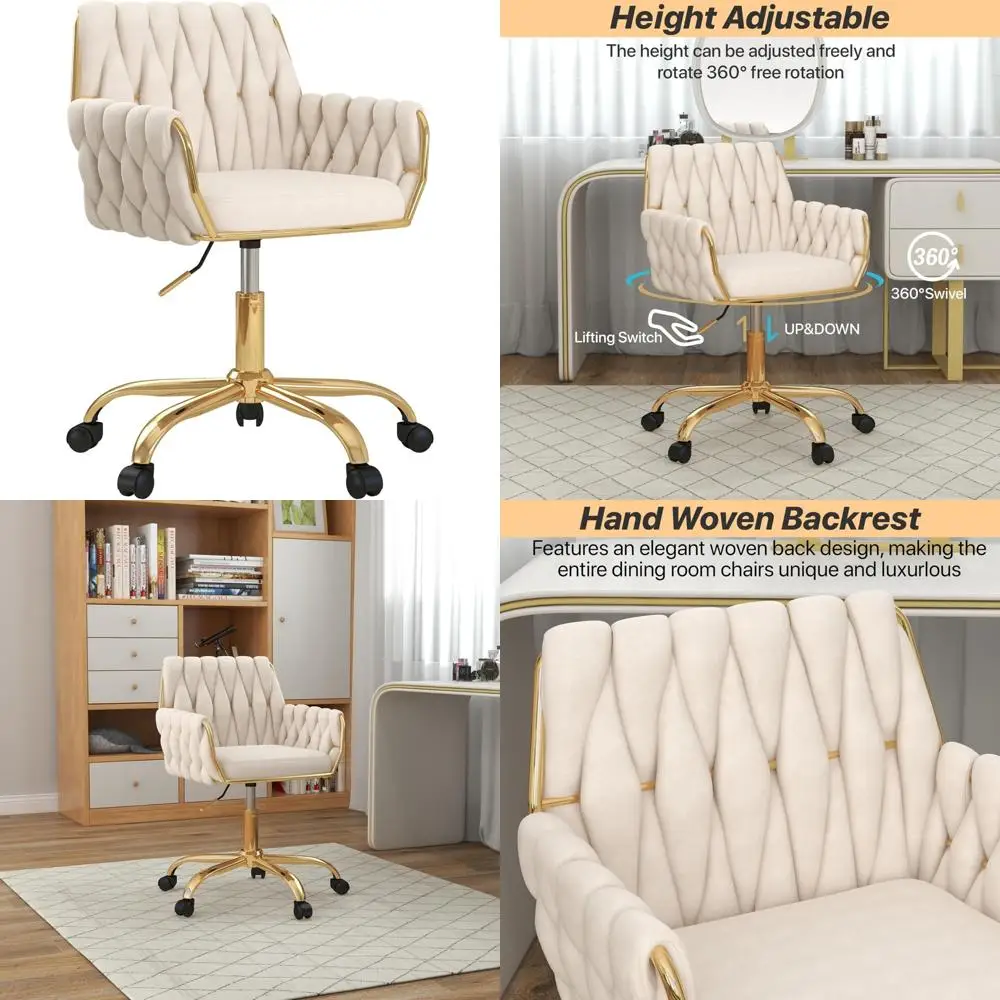 كرسي زينة حديث قابل للتعديل الارتفاع مع قاعدة ذهبية ومسند ظهر منسوج يدويًا لغرفة النوم والدراسة وغرف الغرور #1