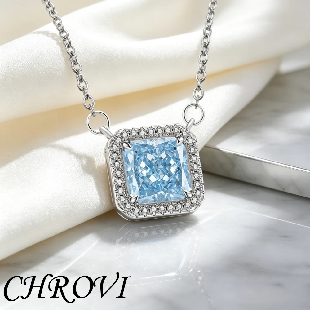 Exquisite 925 sterling silver gemstone ice flower princess square necklace for women, fashionable collar chain