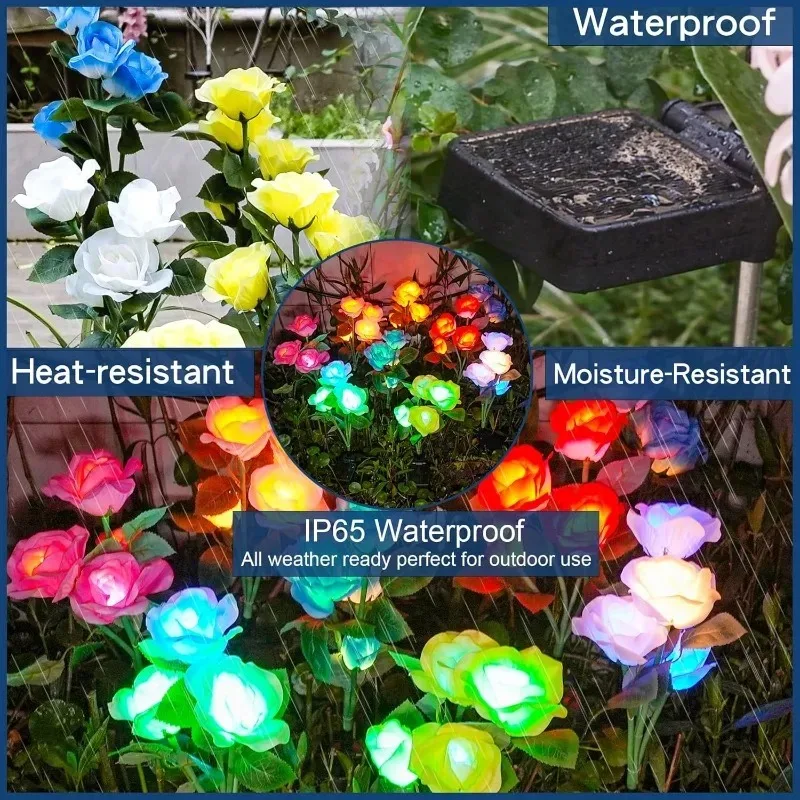 3 Realistic Lighted Rose Flower Heads Solar Lights Outdoor Waterproof Garden Decorative Lamp Patio Home Yard Landscape Decor