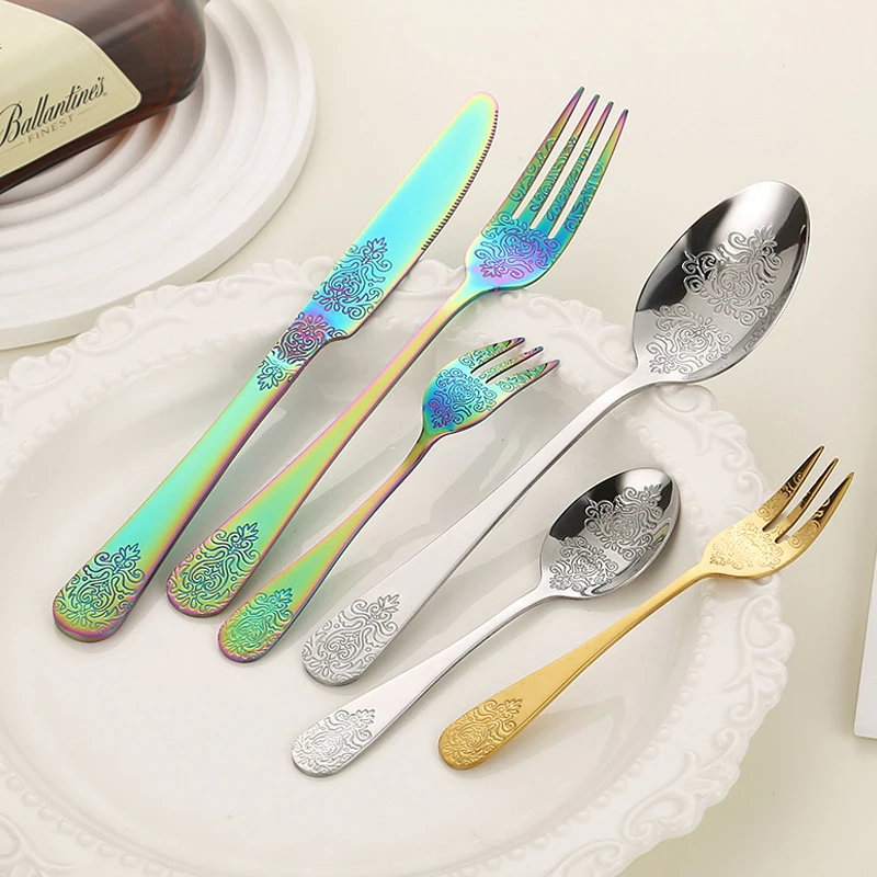5PCS stainless steel knife, fork, spoon set with patterned totem tableware, Western style steak knife and fork