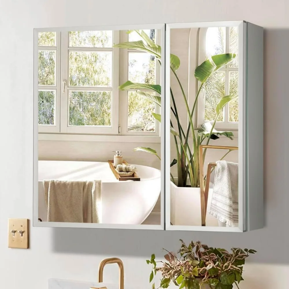 خزانة طبية من الألومنيوم مقاس 30 × 26 مع مرآة وأرفف قابلة للتعديل للحمام #2