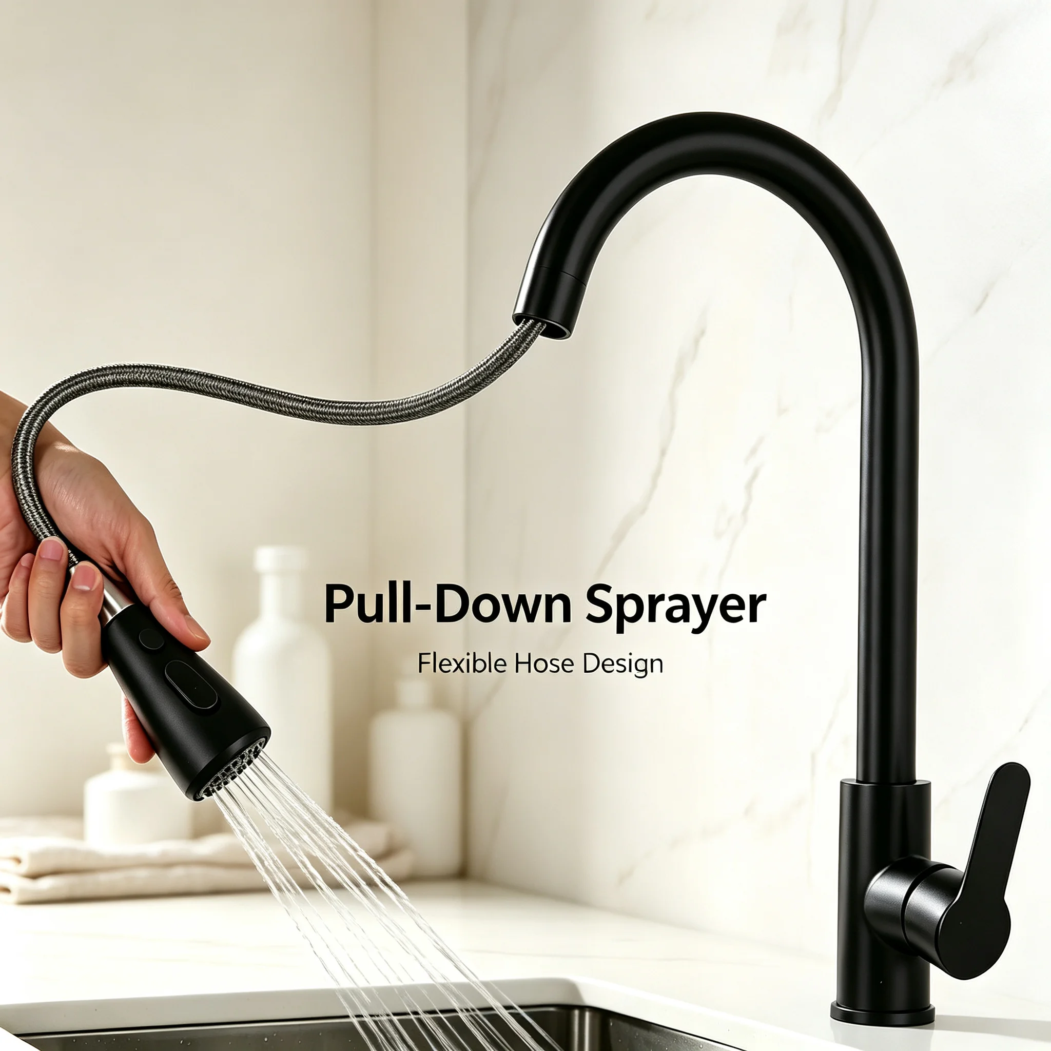 1PC Pull-Down Kitchen Sink Faucet High Arc Hot Cold Tap with 2 Water Hoses Modern Pull Out Sprayer Faucet for Home Kitchen