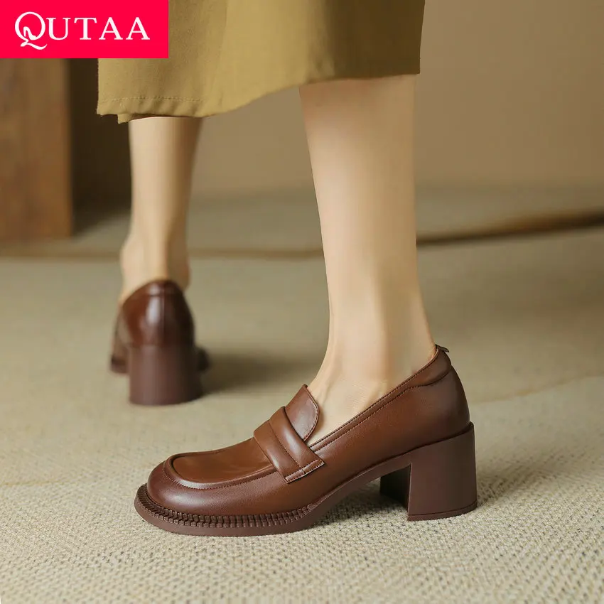 

QUTAA 2024 Thick High Heels Women Pumps Spring Summer Round Toe Genuine Leather Dress Office Lady Shoes Woman Loafer Size 34-39