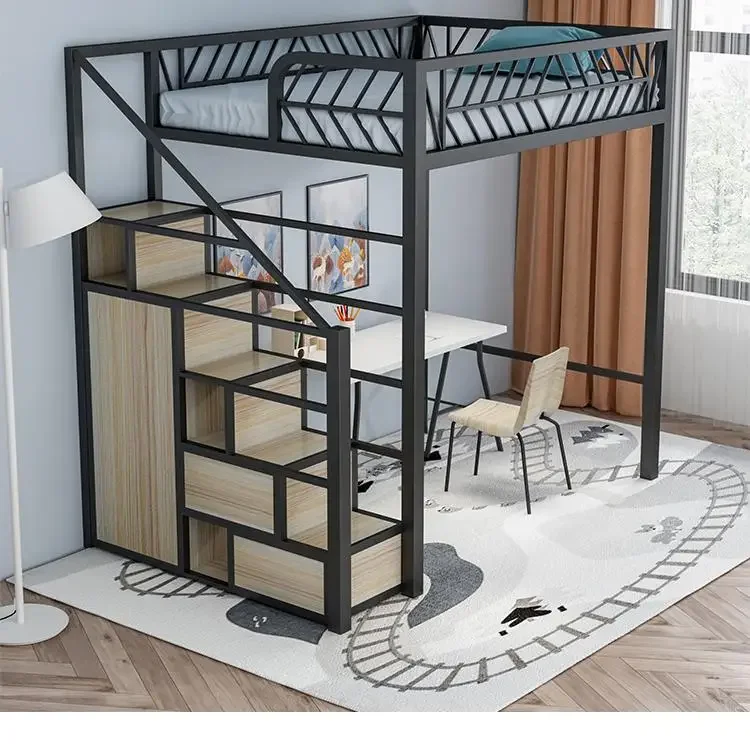 Multifunctional elevated bed small apartment loft  simple modern loft duplex second floor wardrobe upper wrought iron