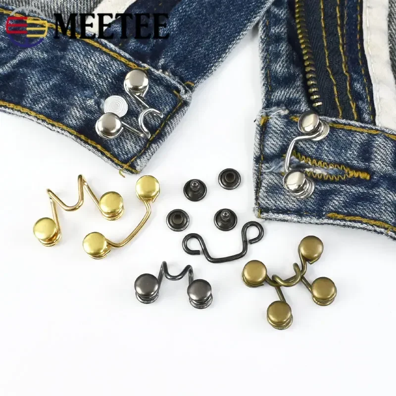 Meetee 10Sets 27X28/32X28mm Metal Garment Hooks Jeans Pants Adjust Belt Buckle Removable Rivet Button DIY Invisible Crochet Hook