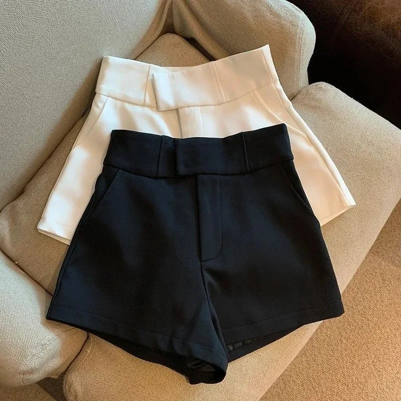 Women High Waist 2024 Summer Shorts White Black Vintage Streetwear Short Pants Slim Elegant A Line Casual Wide Leg Shorts