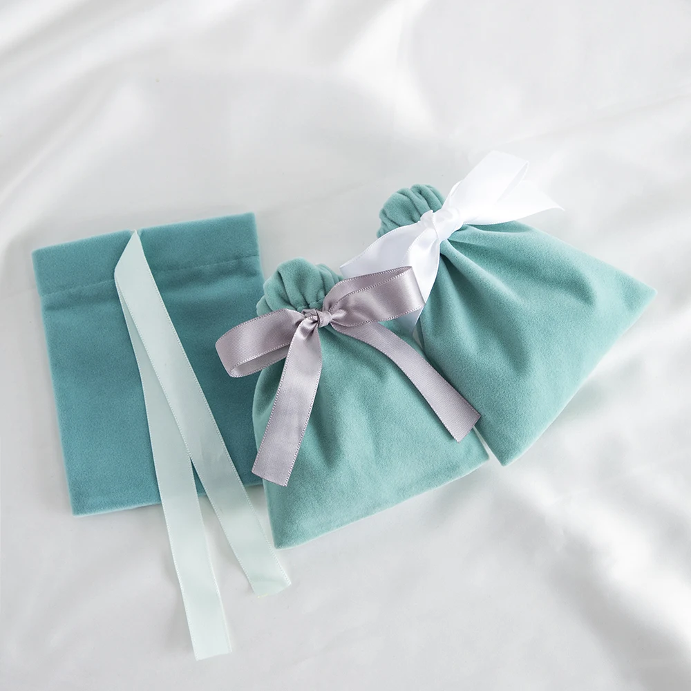 10pcs Green Jewelry Velvet Bag Ribbon Bowknot Pouches Gift Display Packing Storage Wedding Favors Travel Candy Drawstring Pocket