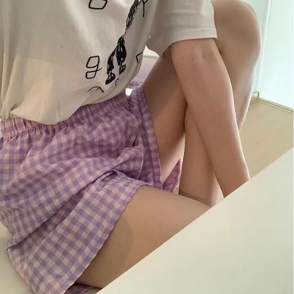 High Waist Plaid Shorts Elastic Waistband Wide Leg Casual Homewear Shorts Loose Fit Plaid Pattern Sleep Shorts Sleeping