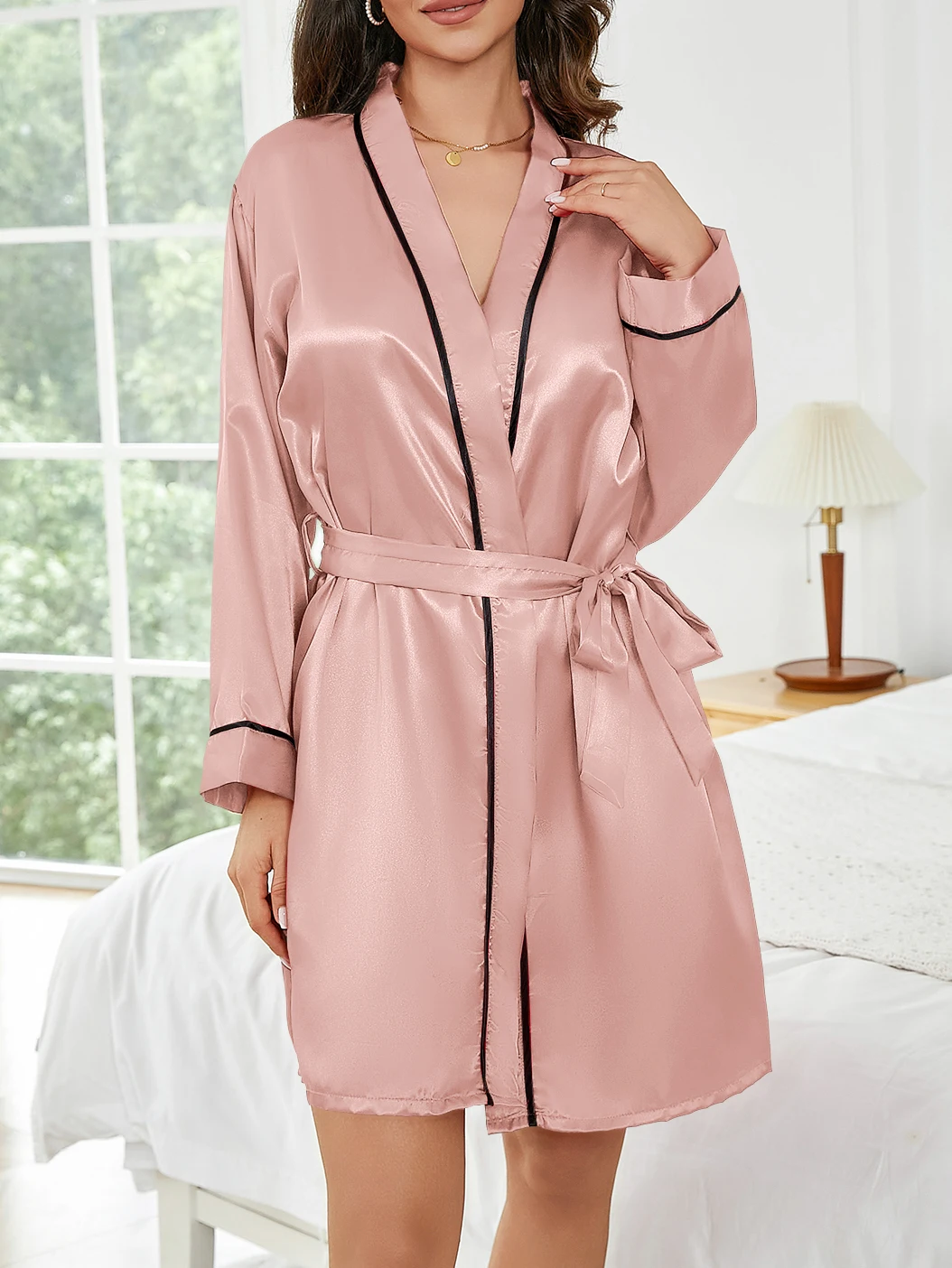 Reine Farbe Kurze Robe Frauen Sommer Dünne Hause Nachtwäsche Casual Bademantel Mode Vielseitig – Detail 22