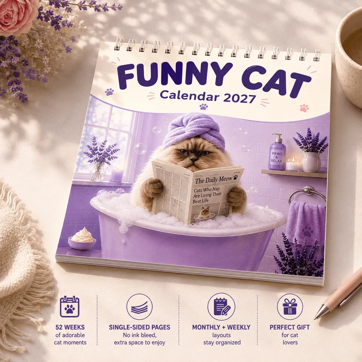 2027 Funny Cat Planner Calendar, Spiral Desk Organizer with Monthly Calendar, Weekly Schedule, Goals and Notes
