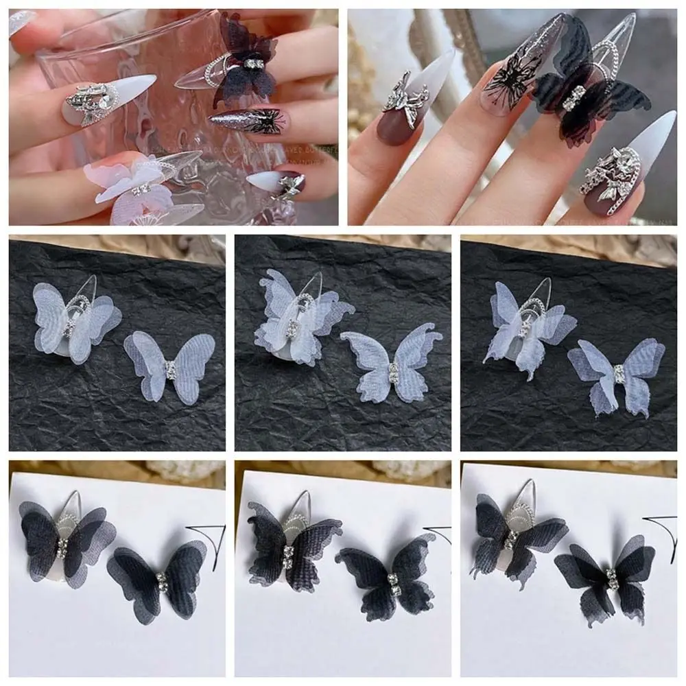 Gaze Borboleta Decorações do prego, Material Manicure, DIY Ornamentos, Malha, Unhas Acessórios, 2pcs por Conjunto