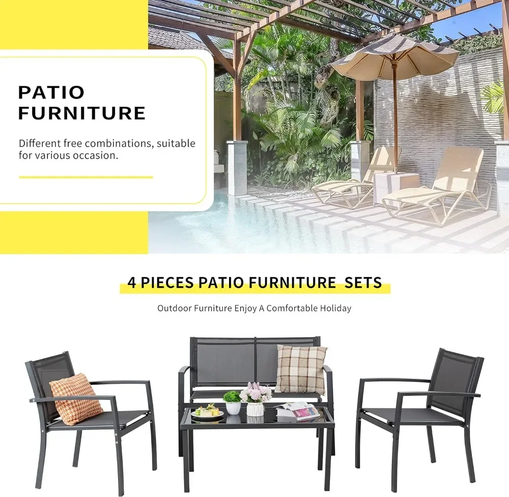 4 Pieces Patio Furniture Set All Weather Textile Fabric Outdoor Conversation Set, with Glass Coffee Table, Loveseat, 2Chairs