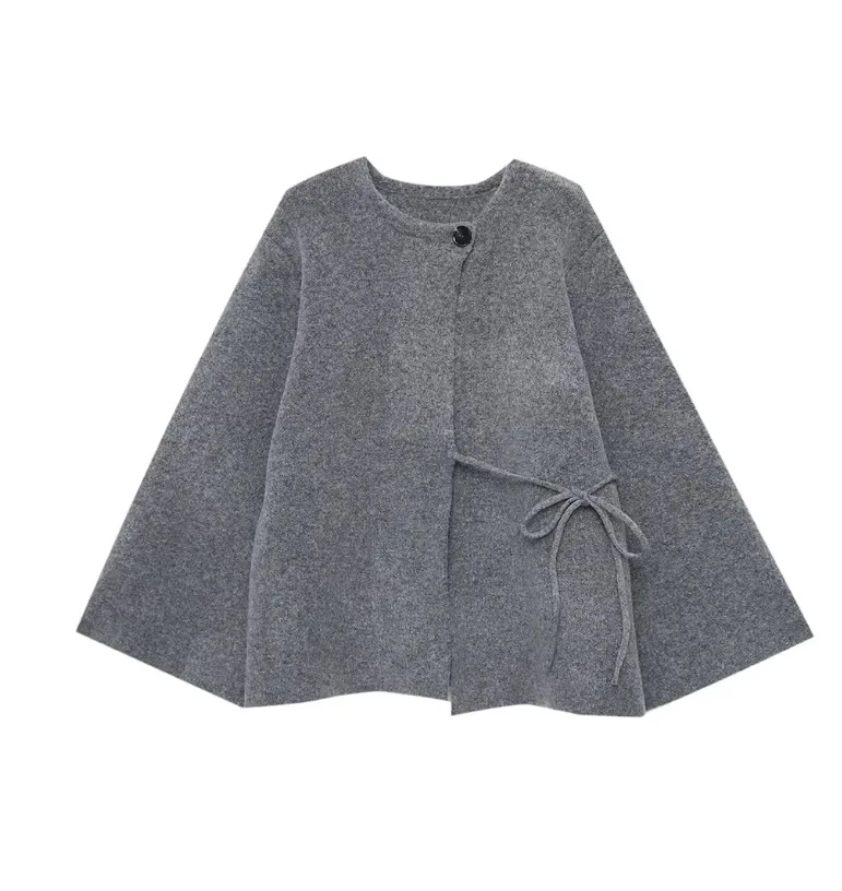 

Women Jacket Cloak Cape Design Round Neck Long Sleeve Knitted Solid Coat Fashion Women Outwear