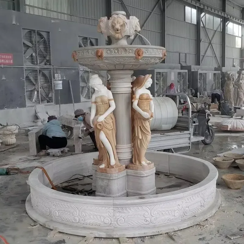villa with French outdoor garden fountain antique stone marble waterfall