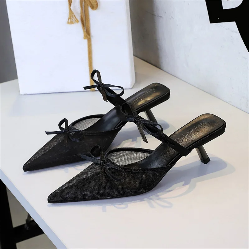 

Women's summer elegant pointy-toe hollow slippers, breathable and cool black/white/pink high heels 5CM. Elegant simple design