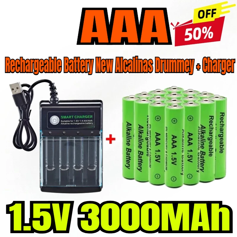 

New AAA Battery 3000MAh Rechargeable Battery AAA 1.5 V 3000 MAh Rechargeable New Alcalinas Drummey + Charger