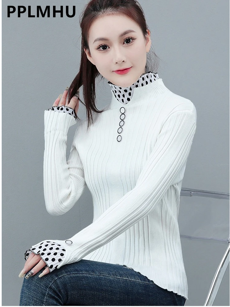 Sweater Women\'s Turtleneck Dot Print Lace Ruffle Pullover Women\'s Trumpet Sleeve Top Solid Knitwear Trend Sweater Autumn Winter