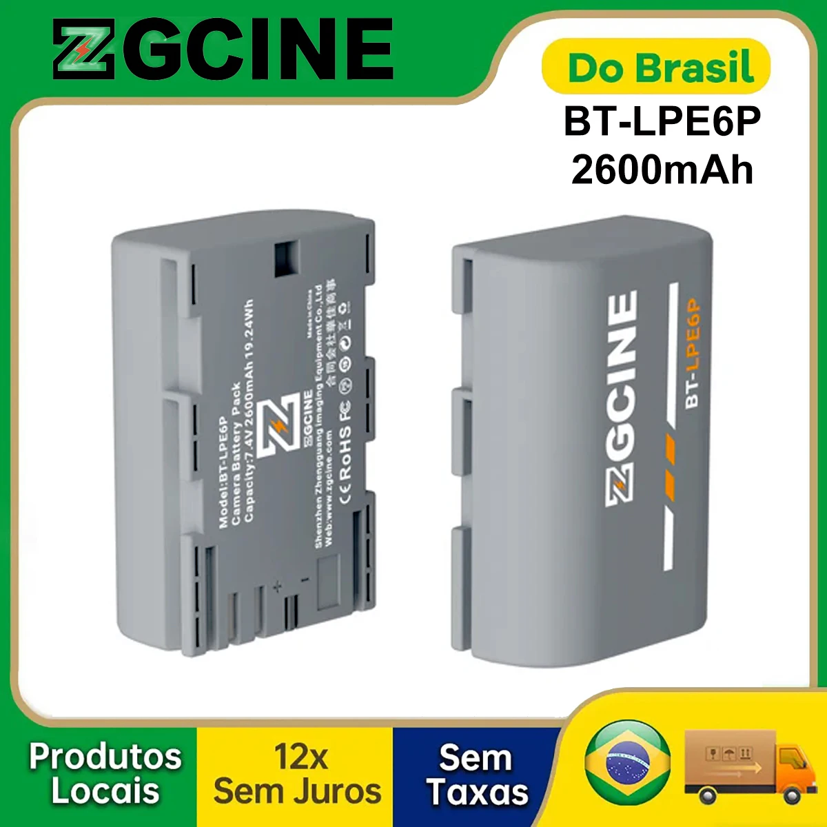 【Do Brasil】Bateria de Substituição ZGCINE LP-E6P 2600mAh para Câmeras Canon EOS R5 Mark II, R6 Mark III, R6 Mark II, R7, C50, R5C, 5D4, 6D2