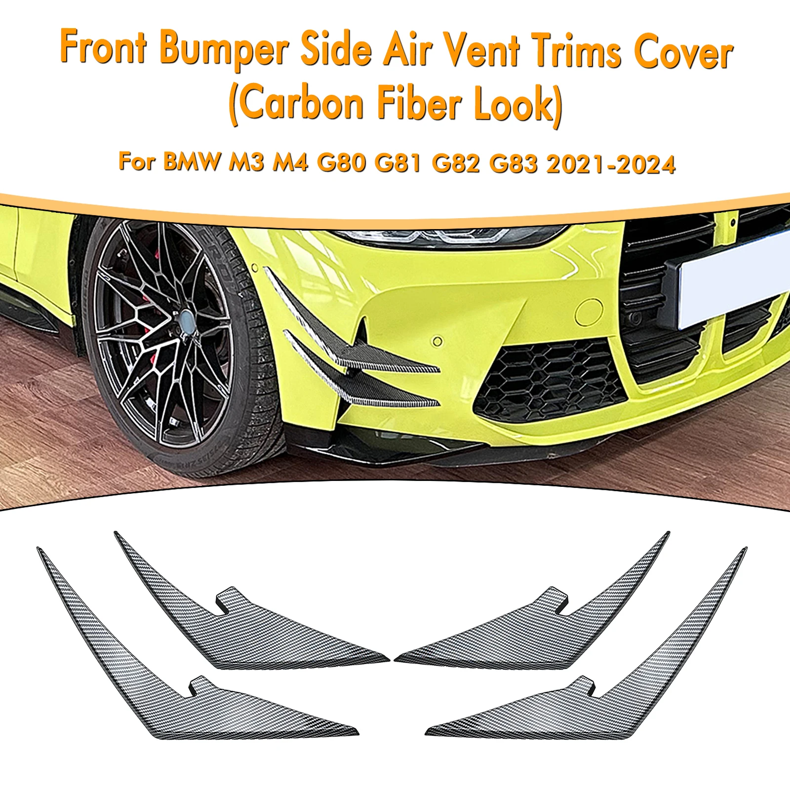 

For BMW M3 M4 G80 G81 G82 G83 2021-2024 Front Bumper Side Air Vent Trims Carbon Fiber Look/Gloss Black Intake Frame Cover Canard