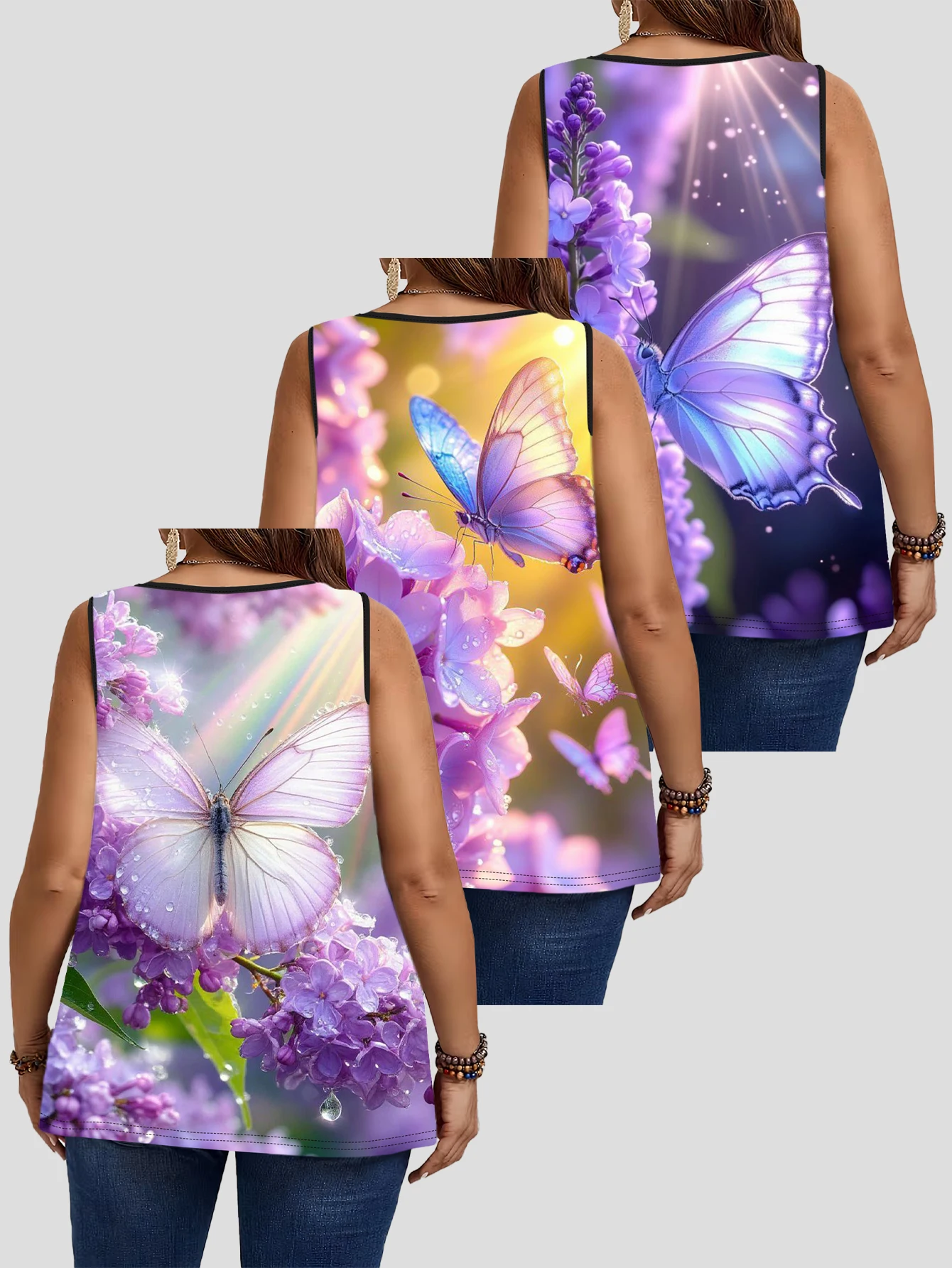 3-Piece Set of Plus-Size Women's Vests, Lilac Iridescent Butterfly Print Loose Sleeveless Tops 2